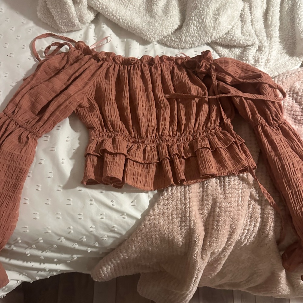 LoveShackFancy Brown Smocked Ruffled Crop Top